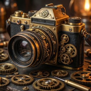 Et steampunk-kamera med gir og messingdeler i intrikat detalj. — Motorola Razr 2026 Bakgrunner