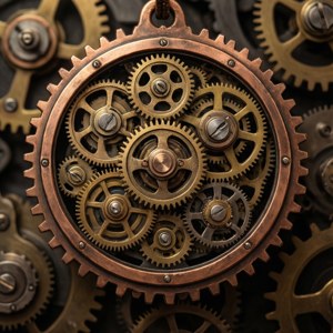 Et steampunk-tillitsmerke med kobbertannhjul og messingdetaljer på en mekanisk bakgrunn. — Motorola Razr 2026 Bakgrunner