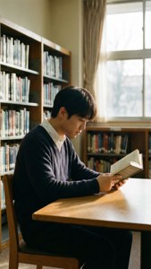 Taku leser på skolebiblioteket — Havbølger Bakgrunner