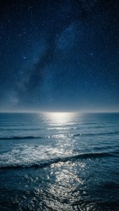 Rolig hav under en stjerneklar nattehimmel med refleksjoner. — Himmelutsikt Bakgrunner