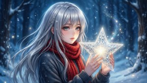 Animejente med sølvfarget hår og rødt skjerf som holder en glødende stjerne i en snødekt skog.