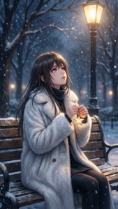 Animejente som sitter på benk i snø under gatelys