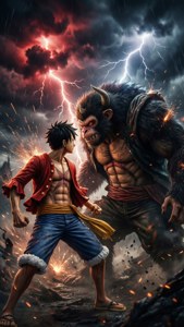Luffy i Gear Fourth som kjemper mot Kaido under en stormfull himmel. — iPhone 7 Bakgrunner