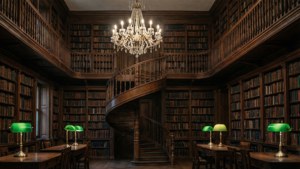 Majestetisk mørk akademisk bibliotek med spiraltrapp og lysekrone.