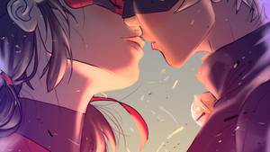 Bakgrunnsbilde med superheltene Ladybug og Cat Noir som kysser