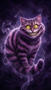 Mystisk Cheshire-katt som svever i et lilla tomrom med glødende øyne. — iPhone 6 Bakgrunner