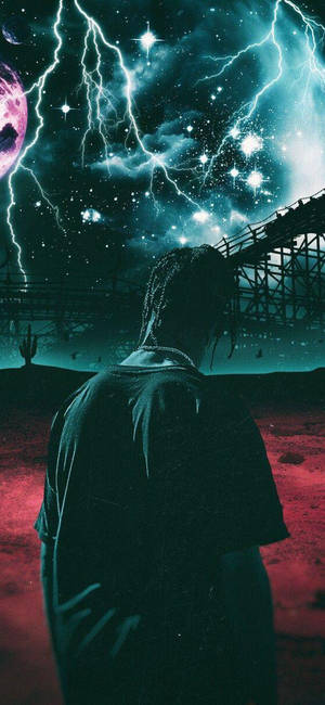 Astroworld-bakgrunnsbilde med estetisk bilde av Travis Scott og lynbakgrunn.