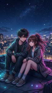 Anime-par på taket om natten — Anime par GIF Bakgrunner