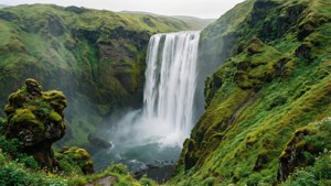 En majestetisk foss midt i grønne klipper, en fredelig naturopplevelse. — Grønn estetisk GIF Bakgrunner