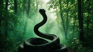 Smaragdgrønn skog med en slangesilhuett for en naturinspirert Slytherin-estetikk. — Slytherin-estetikk Bakgrunner