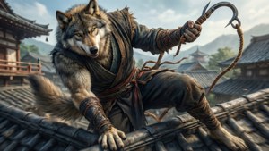 Ulven svinger seg over Ashina-takene med krok og tau i en dynamisk actionscene. — 1366x768 Bakgrunner