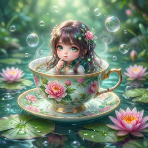 Chibi-animejente i en tekopp på en dam, bakgrunnsbilde. — Pixel Watch 4 Bakgrunner