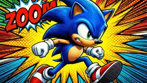 Sonic hopper ut av en tegneserieside med dristige effekter.