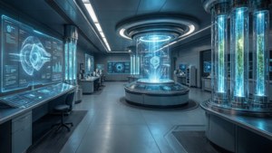 Futuristisk laboratorium med hologrammer i ultrabredt perspektiv.