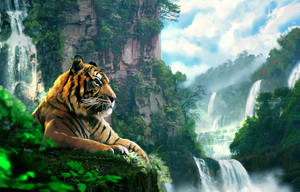 Tiger ved fossefall maleri bakgrunnsbilde — Tiger Bakgrunner