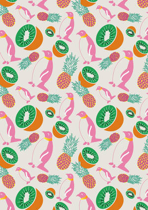 Ananas, kiwi og pingviner kunstverk i flerfarget mønster bakgrunnsbilde — Oppo Pad 5 Matteskjerm Bakgrunner