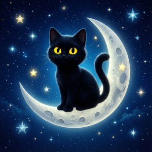 En mystisk Toca Boca svart katt som sitter på en halvmåne. — Galaxy Watch Bakgrunner