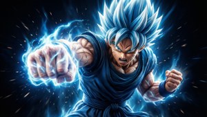 Goku Ultra Instinct leverer et kraftig slag i mørket.