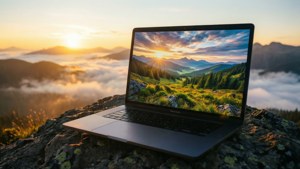 En MacBook Pro på en fjelltopp under en spektakulær soloppgang. — MacBook Bakgrunner