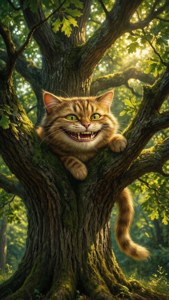 Realistisk Cheshire-katt som gliser i et solbelyst eiketre. — iPhone 6 Bakgrunner