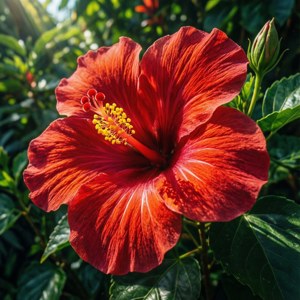 Livlig rød hibiskus med gule støvbærere, tropisk sollys, frodig grønn vegetasjon. — Motorola Razr 2026 Bakgrunner