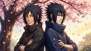 Itachi og Sasuke deler et fredelig øyeblikk under kirsebærblomster