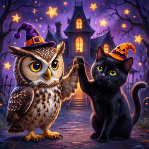 Søt ugle og katt som high-fiver i Halloween-luer nær et hjemsøkt hus. — Søt Halloween Bakgrunner