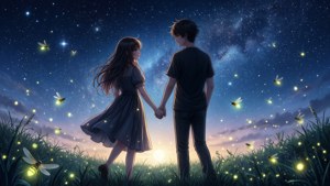 Anime-par under stjernehimmel med ildfluer. — Anime estetisk GIF Bakgrunner