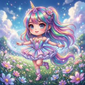 Chibi unicorn anime-jente som danser på en glitrende eng. — Vår Bakgrunner