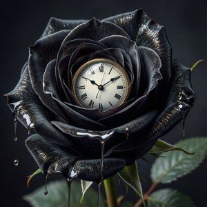 En surrealistisk svart rose med et smeltende ur, inspirert av Dali. — Galaxy Watch Bakgrunner