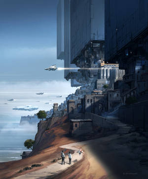 Vakker fantasy-bakgrunn av en futuristisk by ved sjøen. — Galaxy Z Fold 5 Bakgrunner