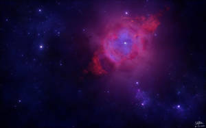 Fantastisk bakgrunn av lilla galaksetåke, stjerner, kosmisk støv og himmellegeme.