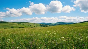 En lys grønn eng med villblomster og blå himmel, en munter sommerscene. — Grønn estetisk GIF Bakgrunner