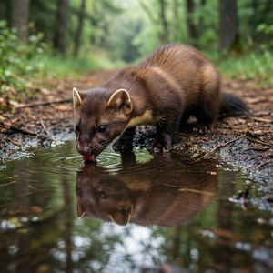 En mår drikker fra en vanndam som speiler skogen. — Pixel Watch Bakgrunner
