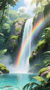 Et majestetisk anime-vannfall med en regnbue i tåken. — Anime landskap GIF Bakgrunner
