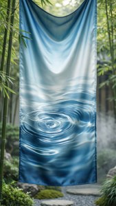 Fredfull vannkrusningshengebanner i blått og hvitt, silkestoff, zen-hagemiljø. — iPhone 5 Bakgrunner