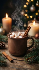 Et nærbilde av varm kakao med marshmallows og kanel, som innkapsler koselig julestemning.