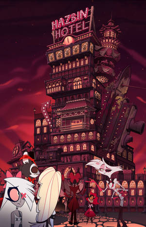 Bakgrunnsbilde av hele Hazbin Hotel med venner som ser ut. — Honor MagicPad 3 Pro 12.3 Bakgrunner