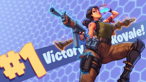 En kvinnelig figur fra Fortnite som holder et våpen og drikker en skjoldpotion, bakgrunnsbilde.