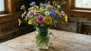 Koselig rustikk bakgrunnsbilde med villblomster i et syltetøyglass på tre. — Blomsterestetikk Bakgrunner