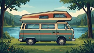 Retro vektorbasert campingvogn-bakgrunn for en sommerlig road trip-stemning.