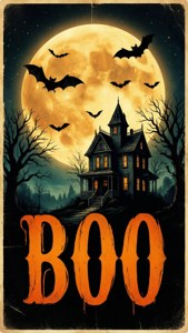 Retro plakat med måne, flaggermus, hjemsøkt hus og BOO-tekst