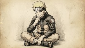 Naruto tegnet i en klassisk blyantskissestil, sittende rolig med et ettertenksomt blikk, som vekker nostalgi. — Naruto Bakgrunner