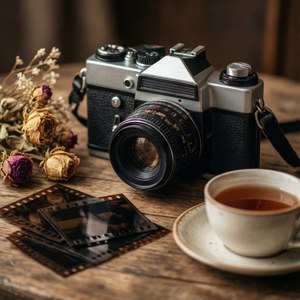 Vintagekamera med filmnegativer og tørkede blomster. — Indie-estetikk GIF Bakgrunner