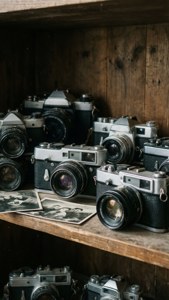 Dark academia-hylle med vintagekameraer og bilder. — Mørk akademi Bakgrunner