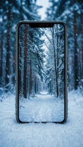 iPhone 11 i snø med vinterskog bakgrunnsbilde