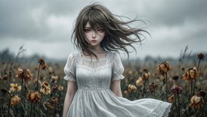 En animejente i en visnet mark, trist og vindblåst. — Trist anime GIF Bakgrunner