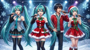 Vocaloid-karakterer som fremfører julekonsert på en snødekt scene