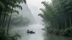 En tåkete Yangtze-elv med bambus og en enslig fisker