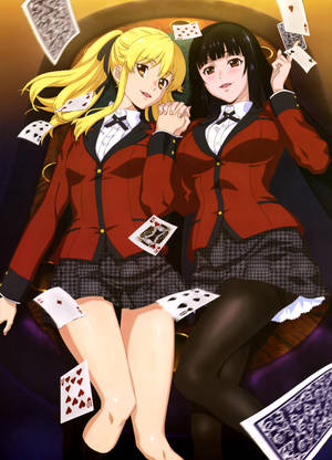 Kakegurui-bakgrunnsbilde av karakterene Yumeko Jabami som holder hender med medstudenten Mary Saotome. — OnePlus Pad 3 Bakgrunner